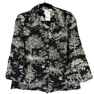 NWT Vintage Norm Thompson Black And White Tree Pattern Button Up Top L